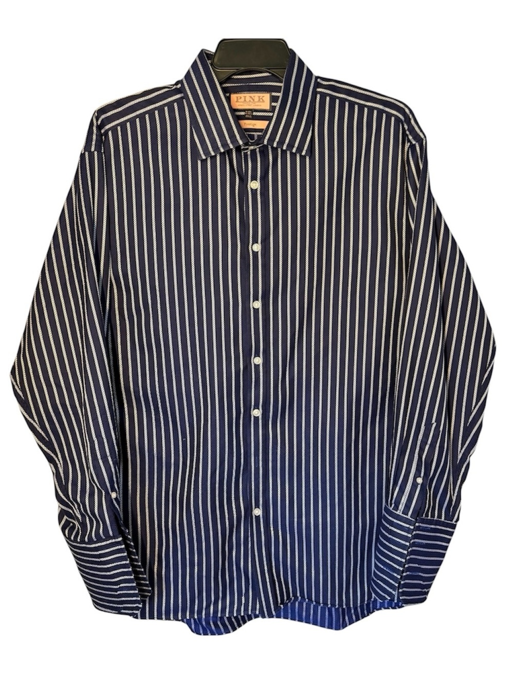 THOMAS PINK Prestige Navy Blue Striped French Cuff Micro Check Shirt 18-35.5